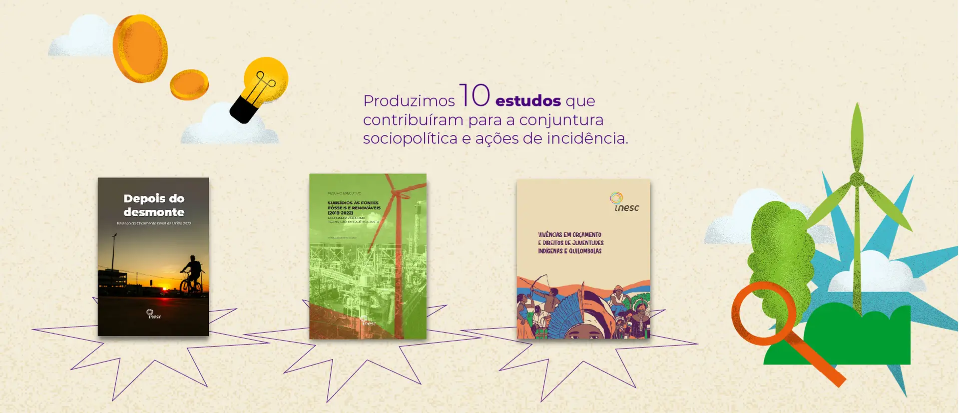 imagem com ilustrações e reprodução das capas de 3 estudos, com o texto: Produzimos 10 estudos que contribuíram para a conjuntura sociopolítica e ações de incidência.