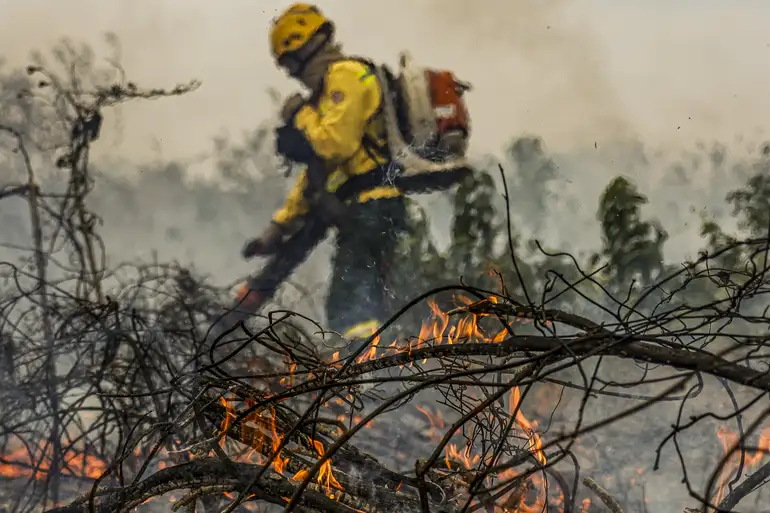 Imagem de um brigadista combatendo incêndio em floresta. Imagem ilustra o tópico Meio Ambiente no Relatório Inesc 2025