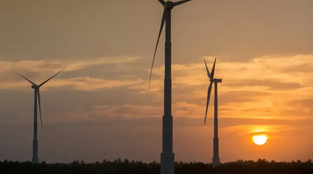 Imagem de três estações de energia eólica para representar a transição energética mencionada no Relatório Inesc 2025