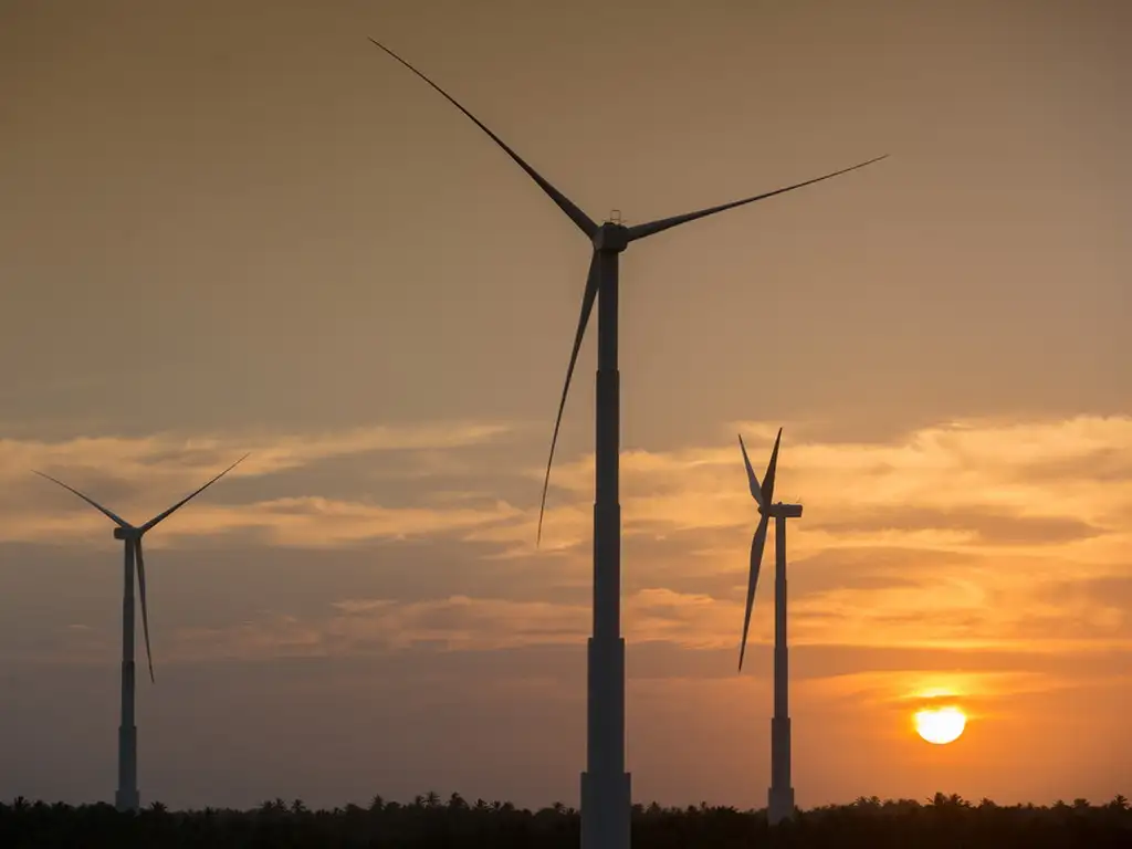 Imagem de três estações de energia eólica para representar a transição energética mencionada no Relatório Inesc 2025