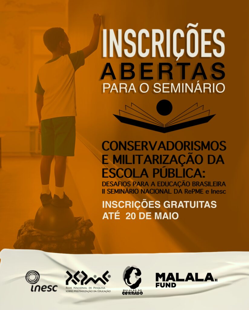 Imagem aparece um garoto em segundo plano escrevendo em um quadro e com informações sobre o Seminário Militarização nas Escolas